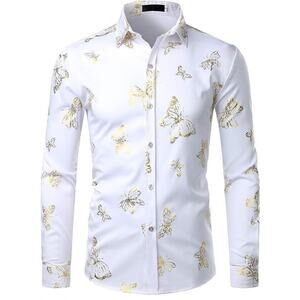 ZEROYAA Men's Butterfly Printed Slim Fit Long Sleeve Button‎ Up Dress Shirt XXL